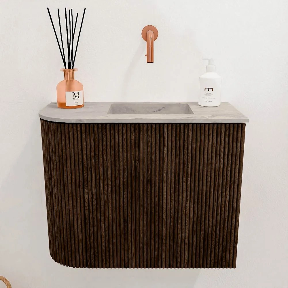 Mondiaz Joya DLux 50cm toiletmeubel ronding links walnut met wastafel faye rechts zonder kraangat glace