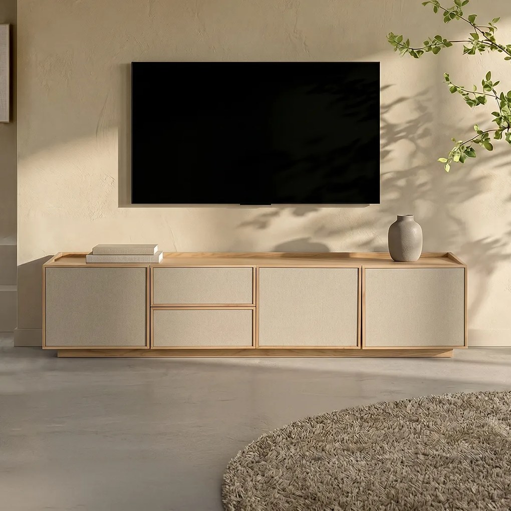 Eiken Tv-meubel Met Stoffen Deuren 180 Cm - 180x40x40cm.