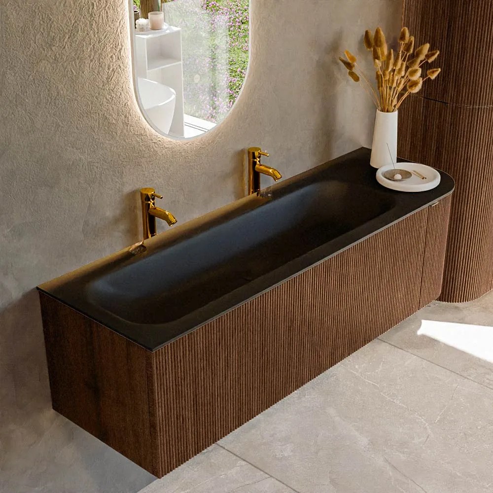 Mondiaz Kurve 145cm badmeubel ronding rechts walnut met 1 lade en deur en wastafel big large links 2 kraangaten urban