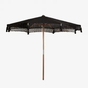 Tongariki Teak En Katoenen Parasol Ø300 Cm & Zwart Macramé - Sklum