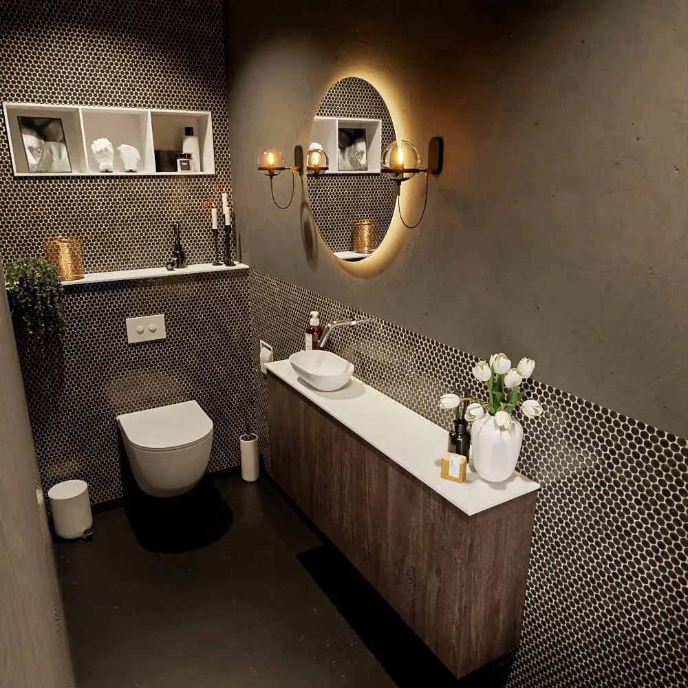 Mondiaz Fowy toiletmeubel 120cm dark brown met witte waskom links zonder kraangat