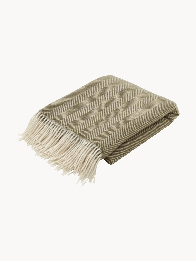 Wollen plaid Tyrol met visgraatpatroon en franjes