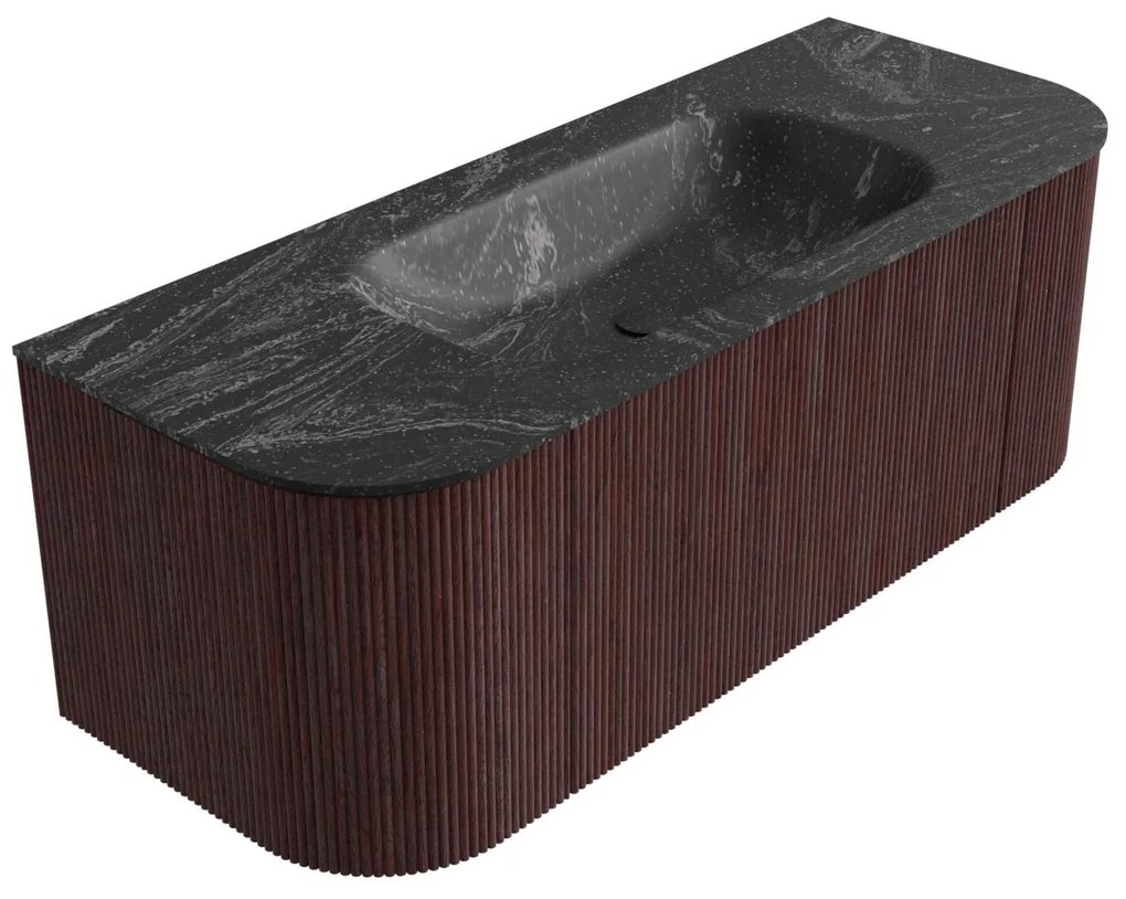 Mondiaz Kurve-dlux 120cm badmeubel ronding links/rechts ruby met 1 lade en 2 deuren en wastafel big small midden zonder kraangat lava