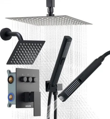 VEVOR Douchesysteemset inclusief 10-inch regendouchesysteem / 6-inch wandgemonteerde kop / 2-in-1 handdouche, draaibare dubbele regenkop (3 functies), messing klep en afdekkingsset, matzwart