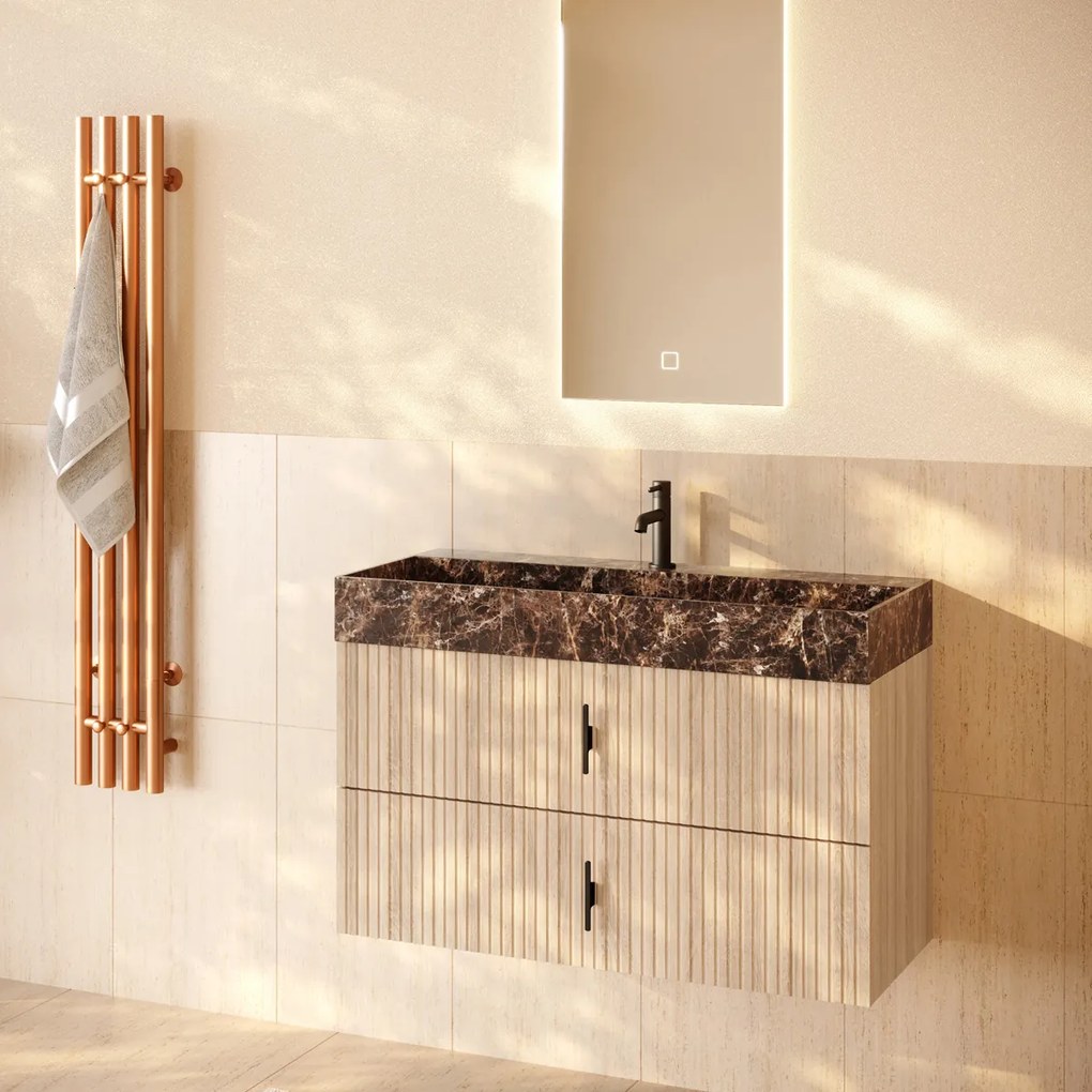 Muebles Murcia badmeubel ribbelfront 100cm naturel eiken met Dark Emperador wastafel met kraangat