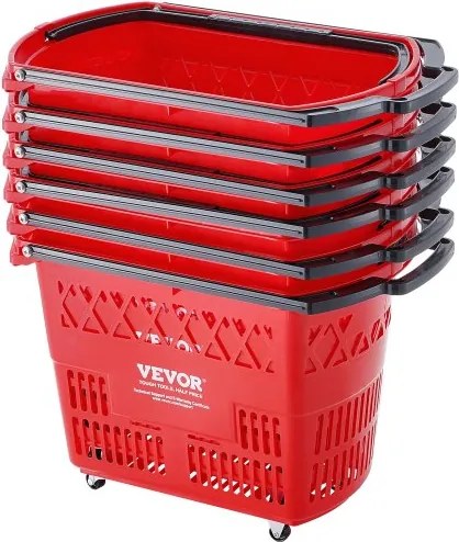 VEVOR Winkelmanden, Set van 6, 39L Winkelmand met Handvatten, Rolbare Plastic Winkelmand met Wielen, Grote Draagbare Winkelmandenset voor Supermarkten en Winkels