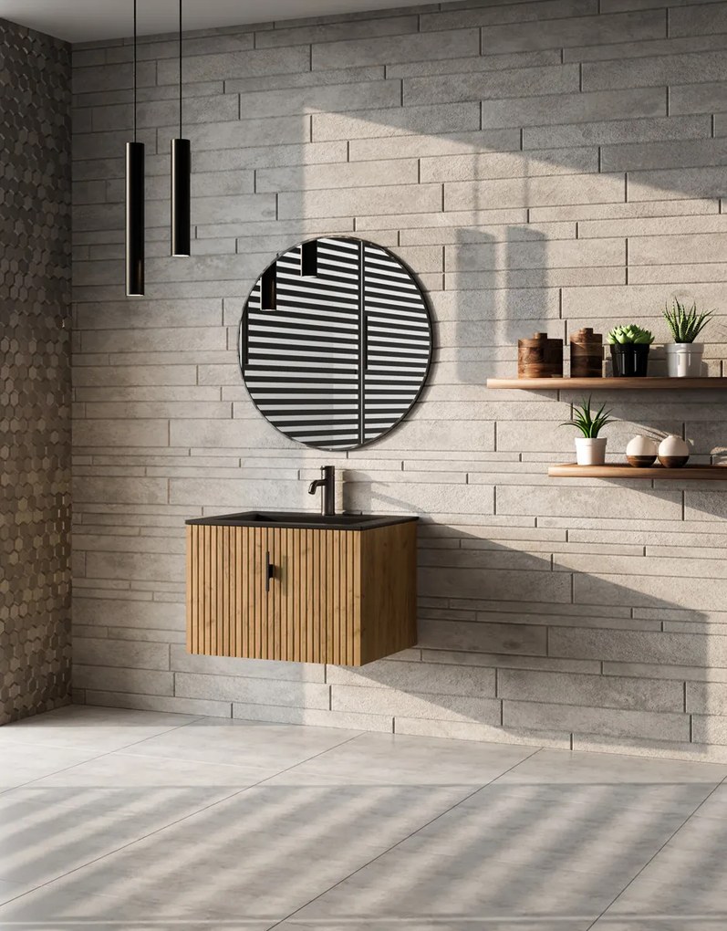 Muebles Raya badmeubel ribbelfront 60cm warm eiken met zwarte wastafel met kraangat