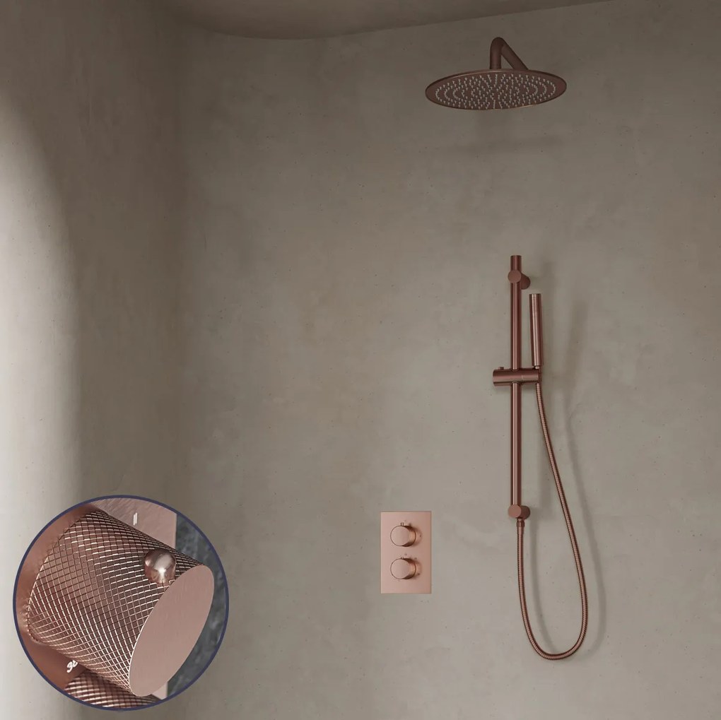 Saniclear Copper Curved inbouw regendouche met 30cm hoofddouche, muurarm en glijstang geborsteld koper