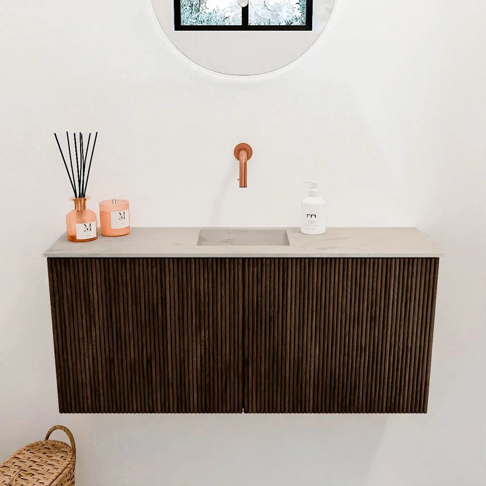 Mondiaz Joya DLux 90cm toiletmeubel walnut met wastafel faye midden zonder kraangat opalo