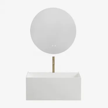 Harsen Badkamermeubelset Met Geïntegreerde Wastafel En Nerine Led-verlichting Wit & Round Led And Antifog Ø70 Cm Solyn & Goud - Sklum