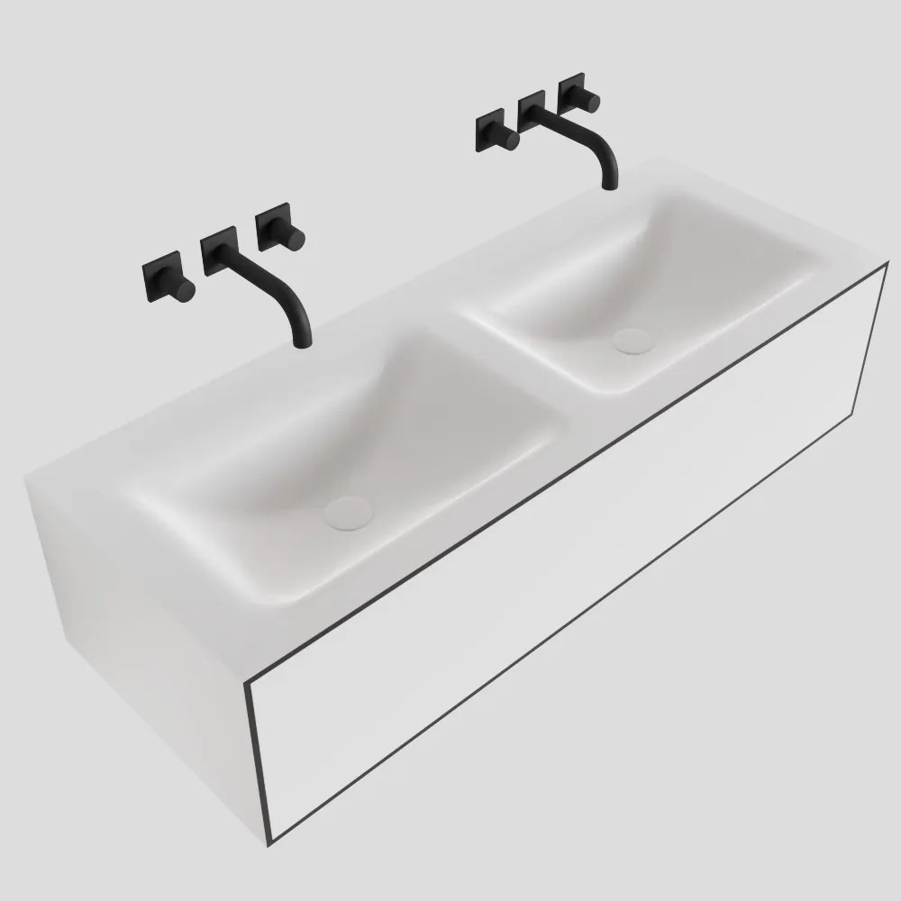 Zaro Lagom volledig naadloos solid surface onderkast 120cm mat zwart met 1 lade Push tot open. Compleet met solid surface wastafel met 0 kraangat(en)