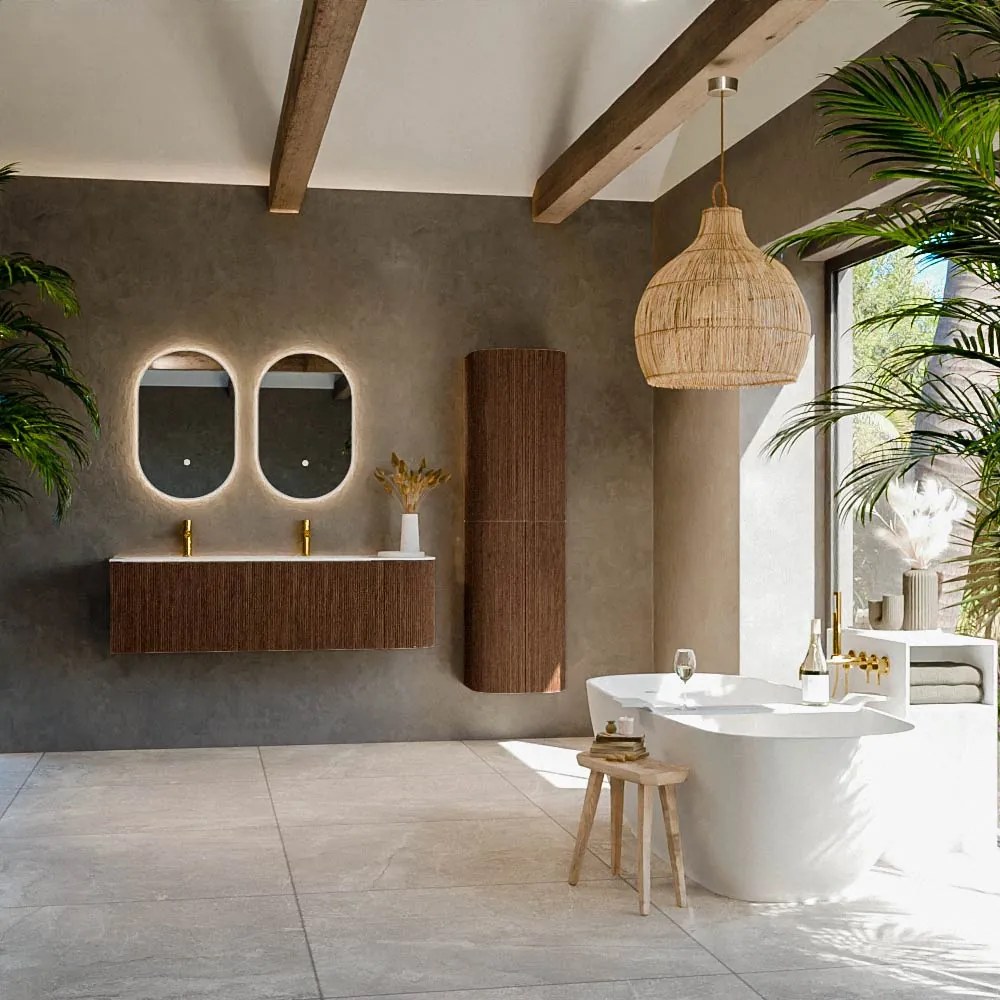 Mondiaz Kurve-dlux 145cm badmeubel ronding rechts walnut met 1 lade en deur en wastafel big large links 2 kraangaten opalo