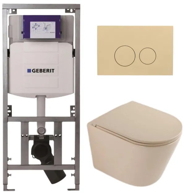 QeramiQ Dely Toiletset - 36.3x51.7cm - diepspoel - rimless - Geberit UP320 inbouwreservoir - softclose toilet zitting - bedieningsplaat beige - ronde knoppen - mat beige SW1000764/SW1000770/0701131/SW1102365