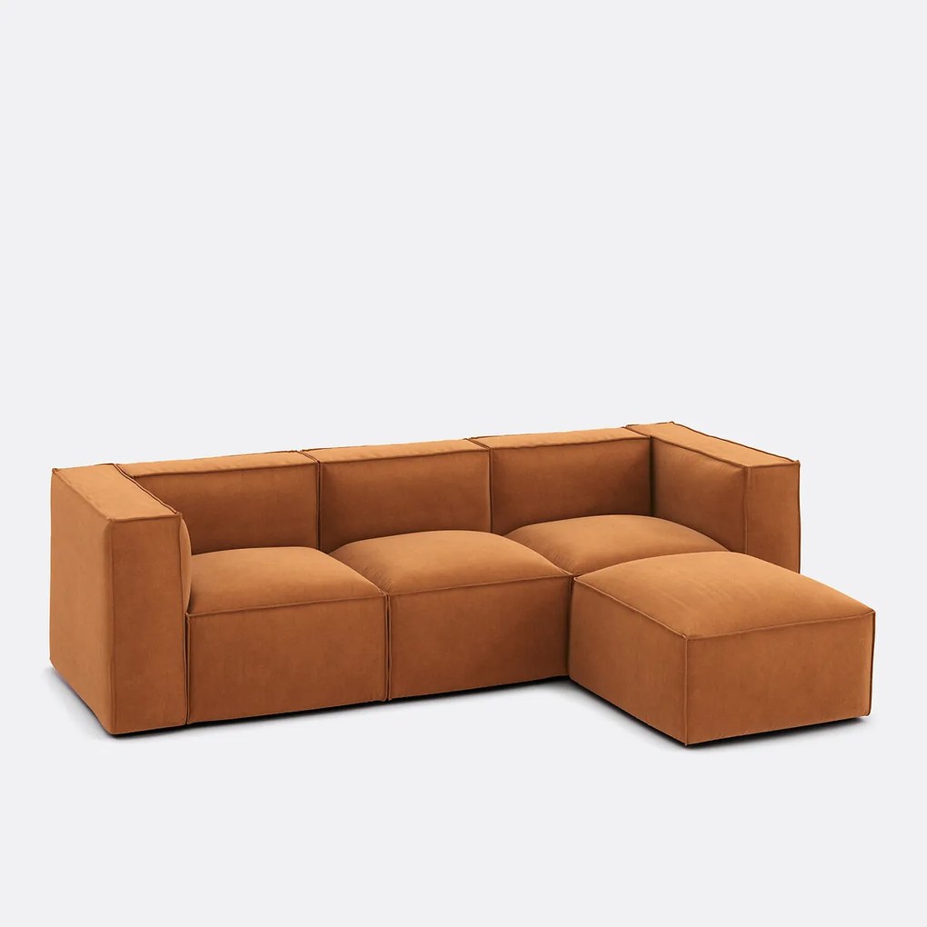 Modulaire bank, 3-zit en poef, in gestructureerd fluweel, Seven