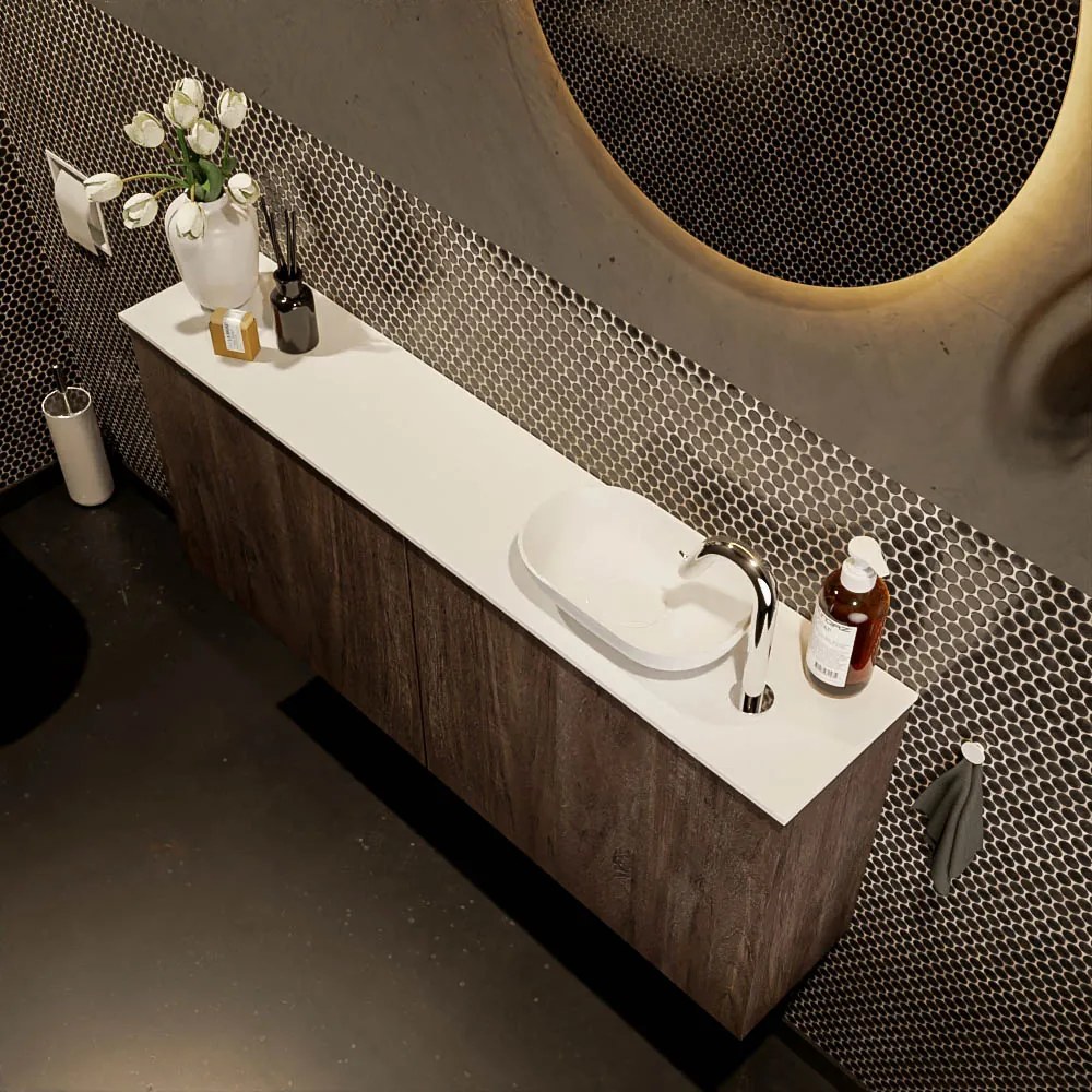 Mondiaz Fowy toiletmeubel 120cm dark brown met witte waskom rechts en kraangat