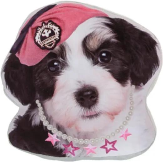 Kussen hondenkop roze muts 37 cm zwart/wit