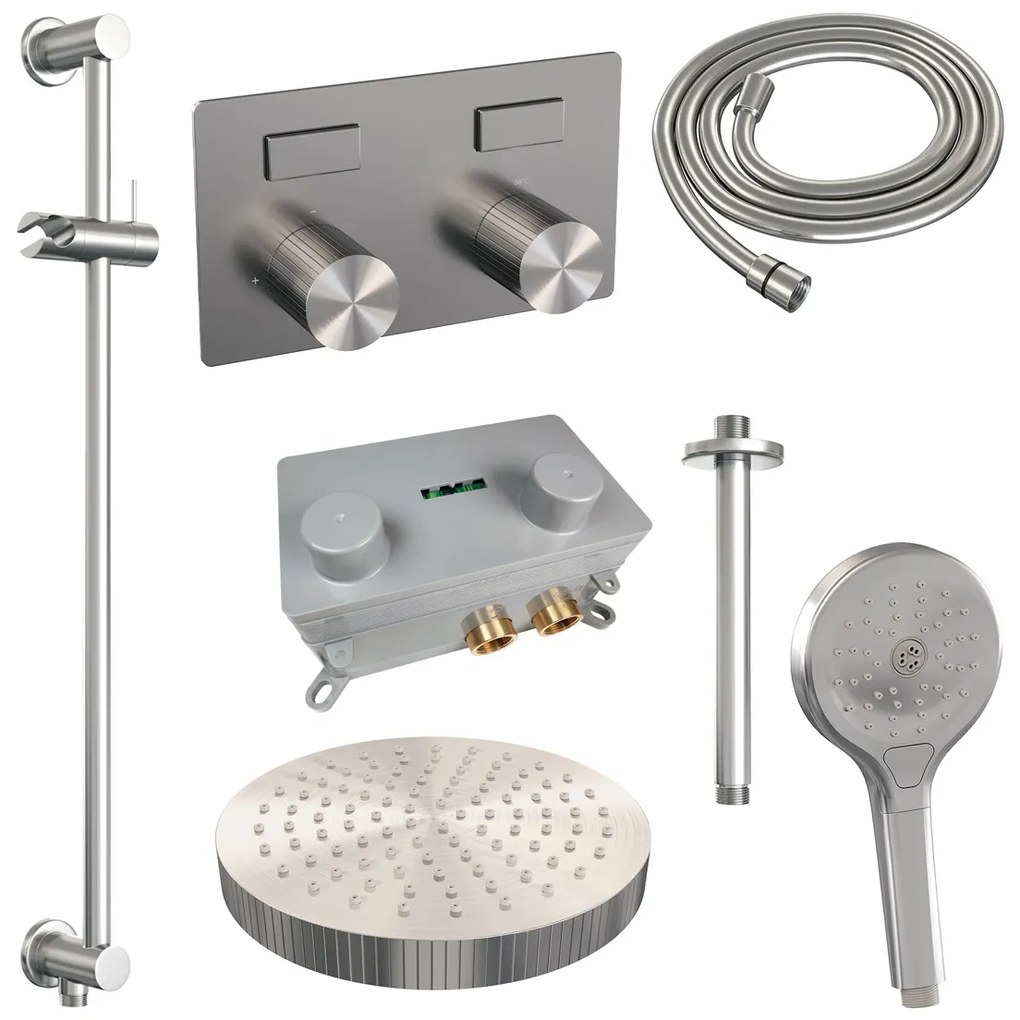 Brauer Stripe inbouw regendouche met 25cm hoofddouche, plafondarm, 3 standen handdouche en glijstang set 36 RVS geborsteld PVD
