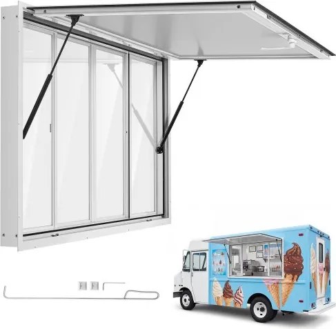 VEVOR Food Truck Verkoopraam 1524 x 915 mm, gemaakt van aluminiumlegering, verkoopraam voor foodtrucks, opent tot 85°, 4 acryl schuiframen, verkoopklep, trekhaak, regenhoes