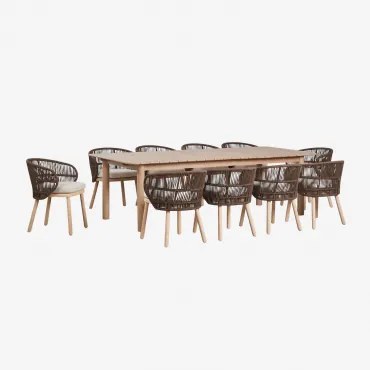 Set Van Uitschuifbare Rechthoekige Tafel 250-310x105 Cm Duala En 10 Eetkamerstoelen Van Acaciahout En Gevlochten Touw Capri Bruin – Chocolade - Sklum