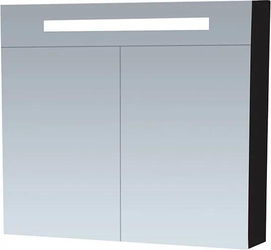 Spiegelkast Delia 80x70x15cm MDF Hoogglans Zwart LED Verlichting Lichtschakelaar Stopcontact Binnen en Buiten Spiegel