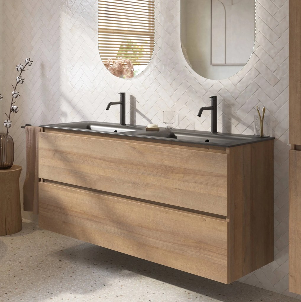 Saqu Terra badmeubel incl. dubbele mat witte keramische wastafel 141x46x66cm denver eiken