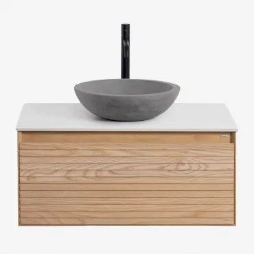 Tedrik Zwevend Badkamermeubelset Van Essenhout Ash Brown & Rond Grijs Cement Ø40 Cm Tarsis & Spiegelloze & Mat Zwart ↑30 Cm - Sklum