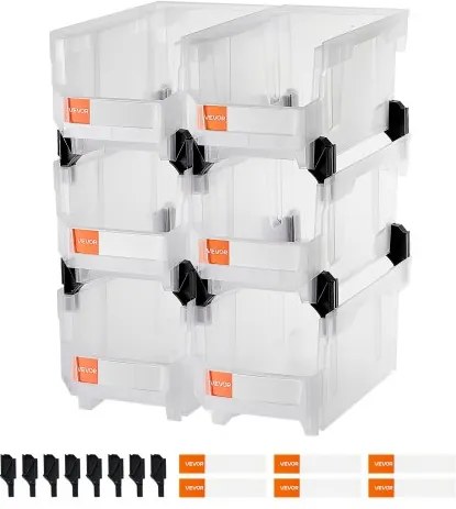 VEVOR stapeldozen, 377 x 215 x 180 mm (6-pack), transparante opbergdozen voor het organiseren en opslaan van spullen, transparante opbergdoos voor kasten, garages, kleine onderdelen, kantoorbenodigdheden en andere accessoires