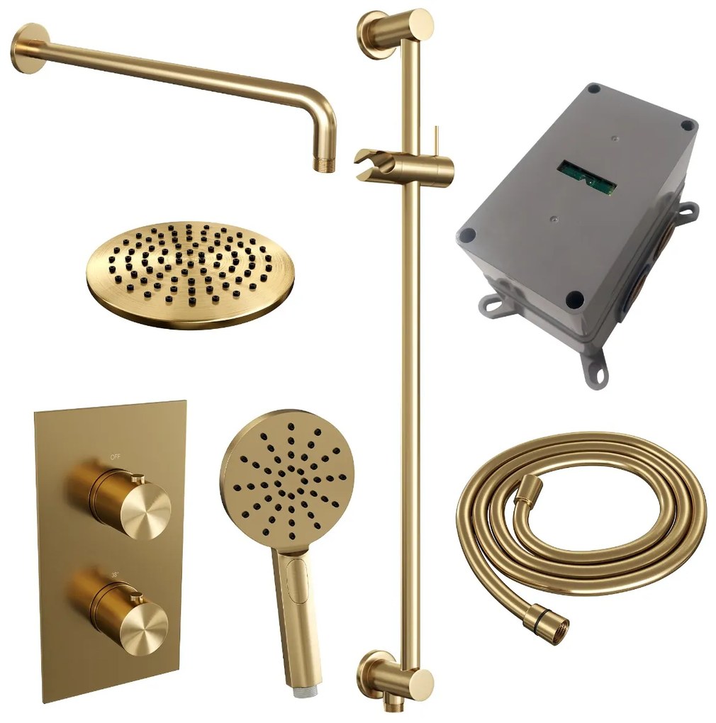 Brauer Gold Edition complete inbouw regendouche met 3 standen handdouche, gebogen wandarm, glijstang en hoofddouche 20cm set 45 messing geborsteld PVD