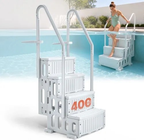 VEVOR zwembadtrap, 4-treden trap met dubbele leuning en antislip, robuuste treden, draagvermogen 180 kg, voor inbouw- en opbouwzwembaden van 122–137 cm met elk type terrasoppervlak.