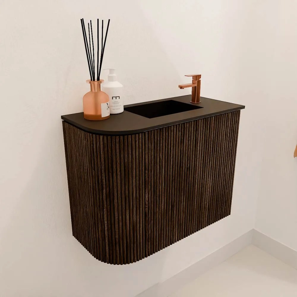 Mondiaz Joya 50cm toiletmeubel ronding links walnut met wastafel faye rechts 1 kraangat urban
