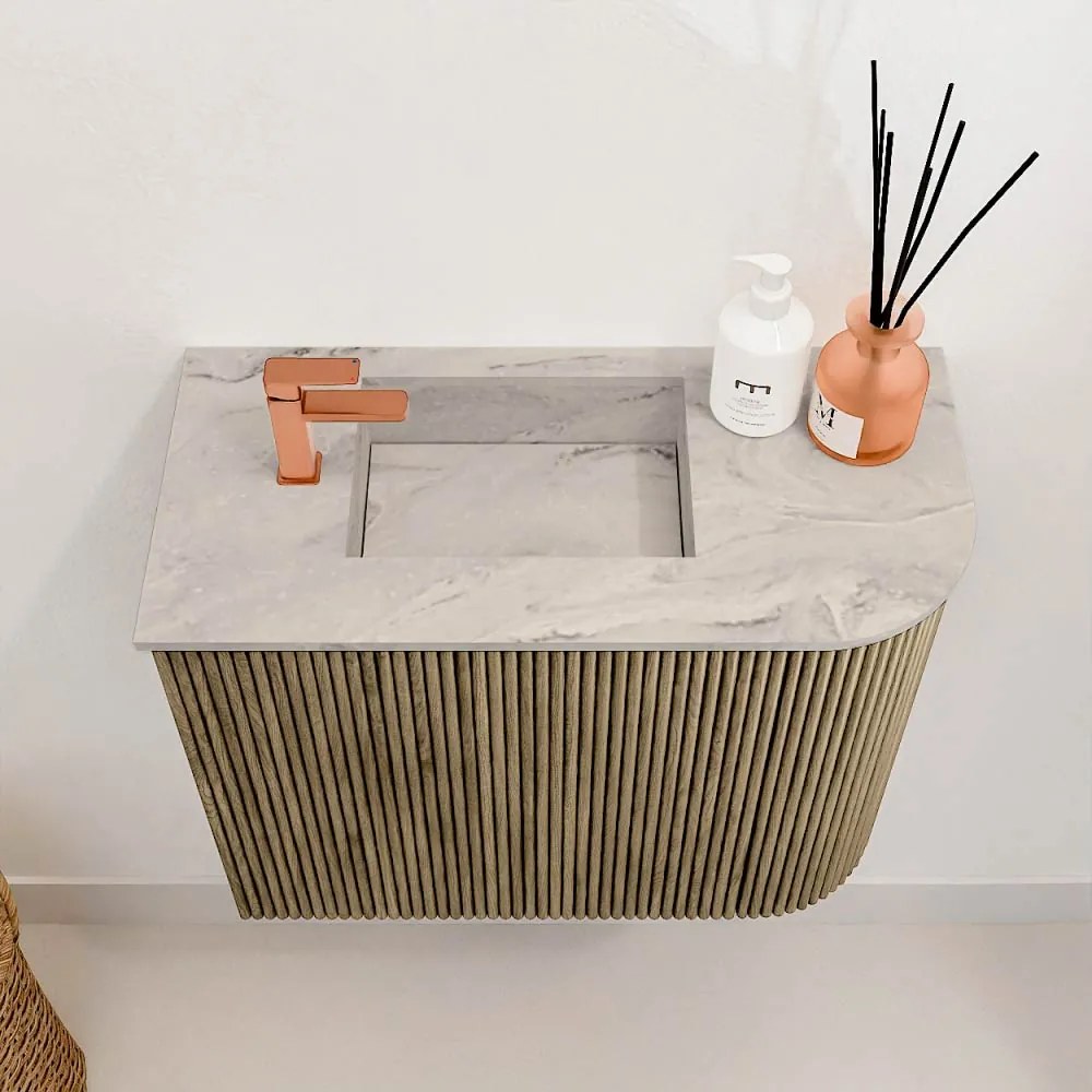 Mondiaz Joya DLux 50cm toiletmeubel ronding rechts dusk met wastafel faye links 1 kraangat glace