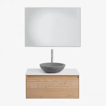 Tedrik Zwevend Badkamermeubelset Van Essenhout Ash Brown & Rond Grijs Cement Ø40 Cm Tarsis & Rechthoekige Led En Anticondens 100x70 Cm Riben - Sklum