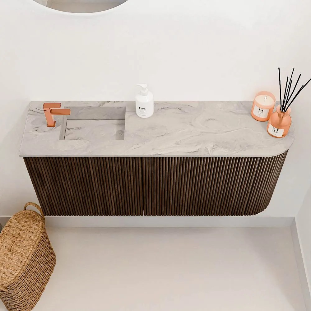 Mondiaz Joya DLux 90cm toiletmeubel ronding rechts walnut met wastafel faye links 1 kraangat glace
