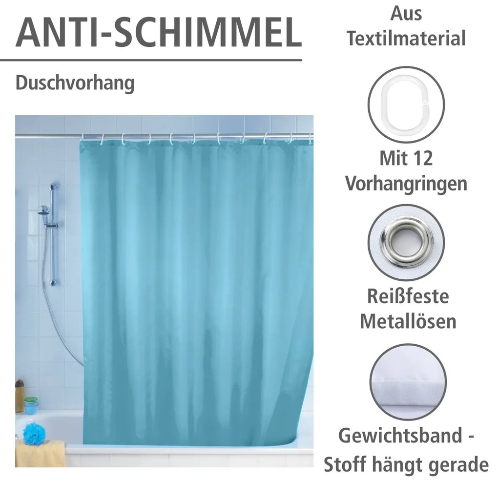 Wenko anti-schimmel douchegordijn 180x200cm polyester uni blauw inclusief ringen