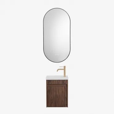 Narek Zwevend Houten Badkamermeubelset Met Geïntegreerde Wastafel Geborsteld Goud ↑20 Cm Met Aftapkraan Zonder Overloop Orveta & Donker Hout & Ovale L