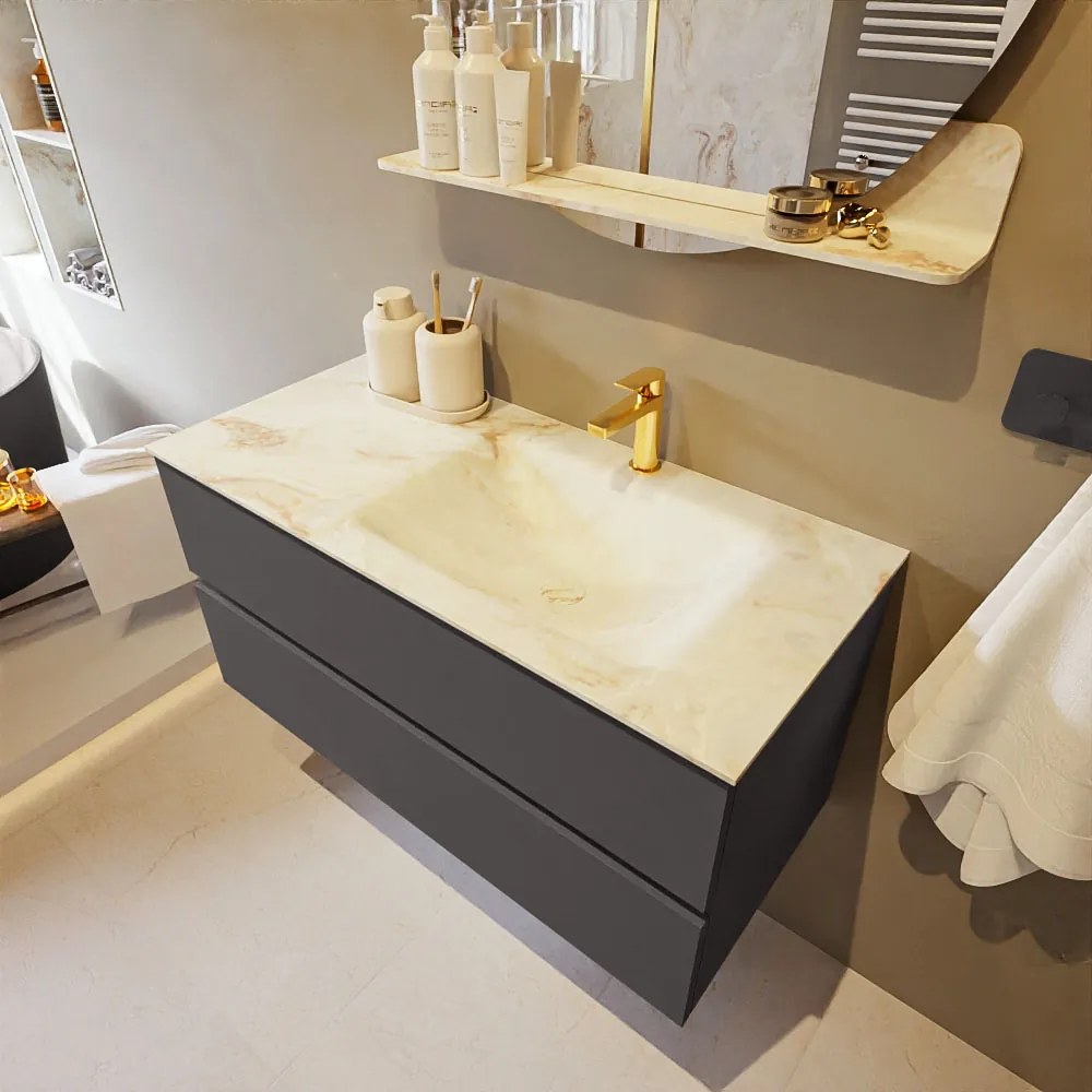Mondiaz Vica DLux badmeubel 100cm dark grey 2 lades met wastafel frappe rechts 1 kraangat