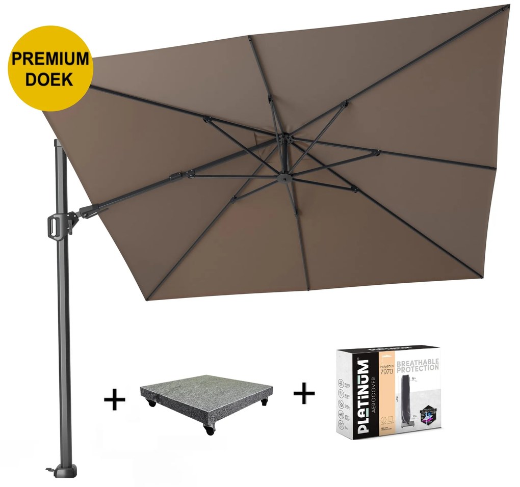 Challenger T2 premium zweefparasol 300x300 cm havanna  met 90KG voet en hoes