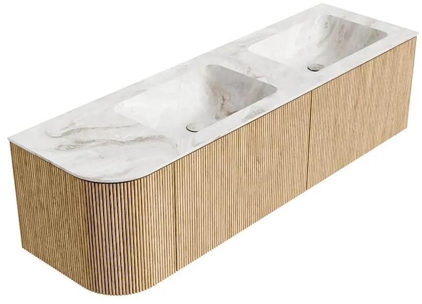 Mondiaz Kurve-dlux 155cm badmeubel ronding links oak met 2 lades en 1 deur en wastafel leaf dubbel/rechts zonder kraangat frappe