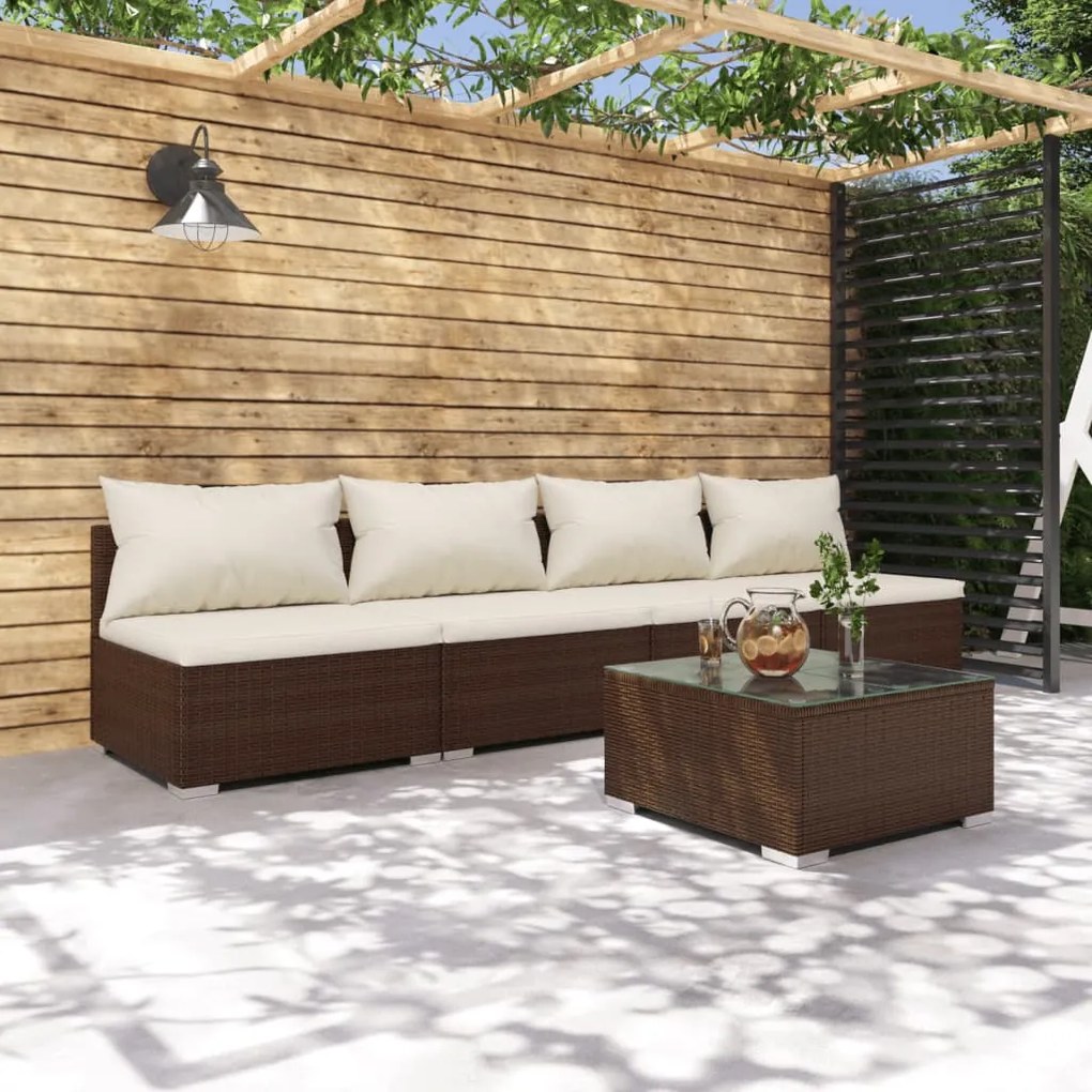 vidaXL 5-delige Loungeset met kussens poly rattan bruin