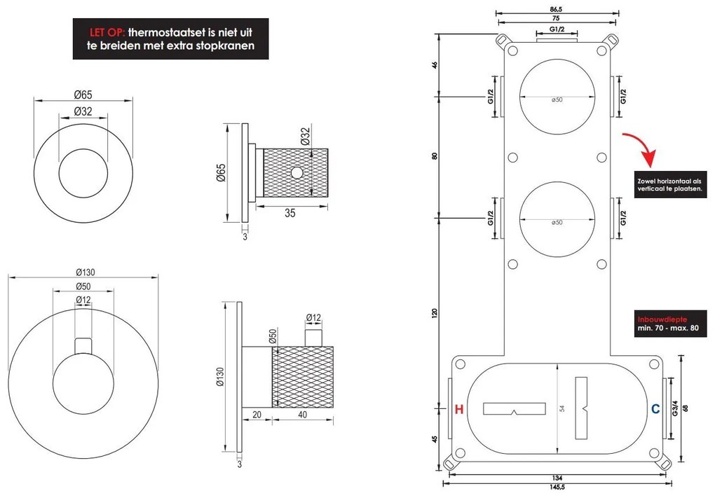 Brauer Gold Carving inbouwthermostaat en 2 stopkranen geborsteld messing PVD