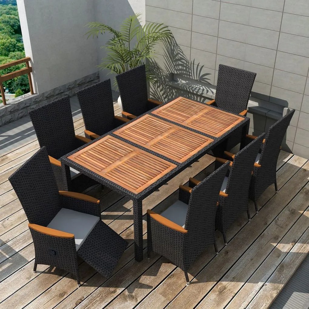 9-delige Tuinset poly rattan acaciahout zwart