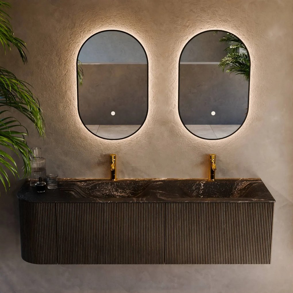 Mondiaz Kurve-dlux 155cm badmeubel ronding links shadow met 2 lades en 1 deur en wastafel leaf dubbel/rechts 2 kraangaten lava