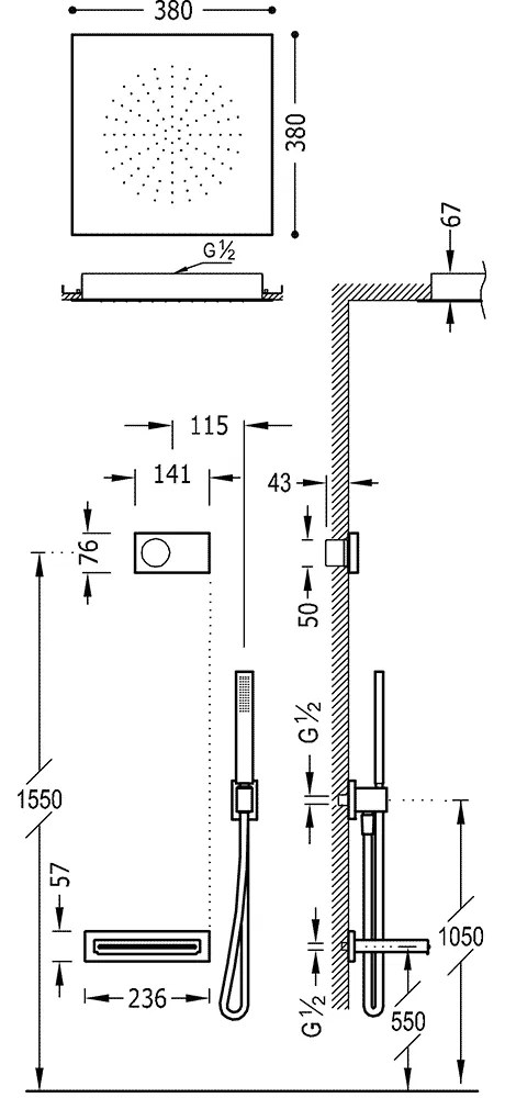 Tres Shower Technology elektronische inbouwthermostaat met regendouche 38x38cm, baduitloop en handdouche mat zwart