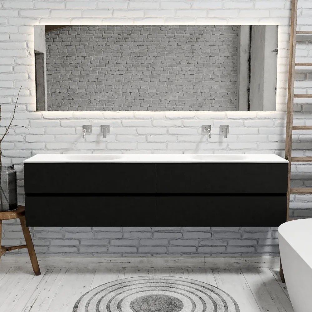 Zaro Sevilla Solid Surface badmeubel 200cm mat mat zwart zonder kraangat dubbele spoelbak met 4 lades