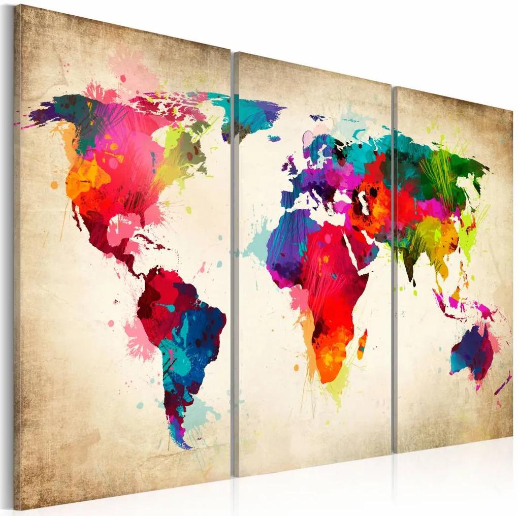 Schilderij - Wereldkaart - Regenboog Continenten, Multi-gekleurd, 3luik