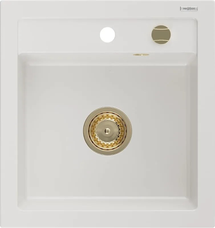 Mexen Vito 1-komerige granieten gootsteen 520 x 490 mm, wit, gouden sifon - 6503521000-20-G