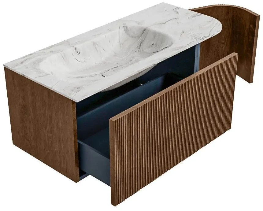 Mondiaz Kurve-dlux 105cm badmeubel ronding rechts walnut met 1 lade en deur en wastafel big small kraangat links glace