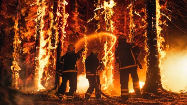 Foto Professional Firefighters Extinguishing Large, High-Priority Part, gorodenkoff