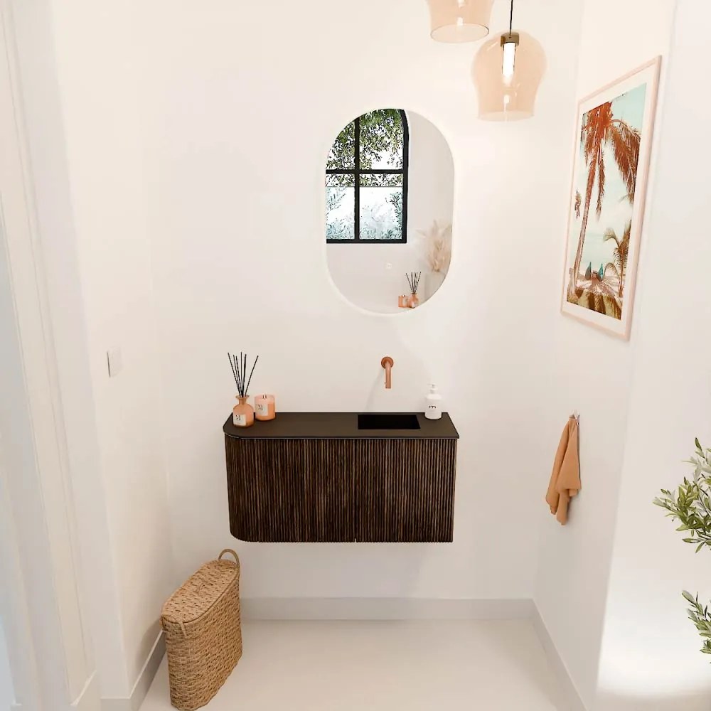 Mondiaz Joya 80cm toiletmeubel ronding links walnut met wastafel faye rechts zonder kraangat urban