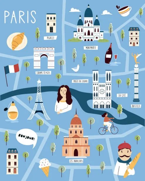 Ilustratie Colorful illustrated cartoon map of Paris,, undefined undefined